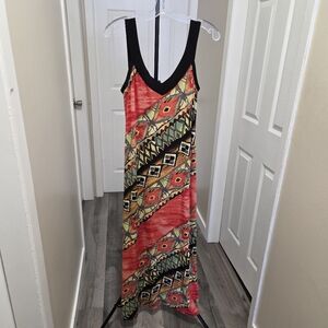 Gitane Vibrant Coral & Black Printed Maxi Dress